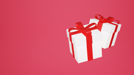 Box with red ribbon bow isolated on red background. 3d render flying modern holiday surprise box. Realistic 3d icon for present, birthday or wedding banners. 3d rendering.の写真素材