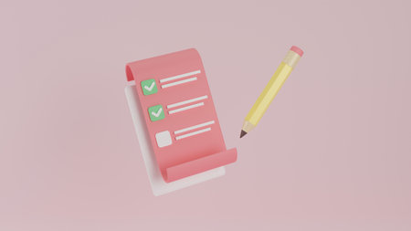 Clipboard and pencil on pink background. notepad icon. Clipboard task management todo check list, work project plan concept, fast checklist, productivity checklist. 3d rendering.の写真素材
