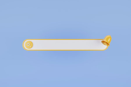 3D search bar, bell. Search bar template for website. Navigation search for browser. Browser button for website and UI design. Pastel soft colors yellow, blue background. 3d rendering.の写真素材