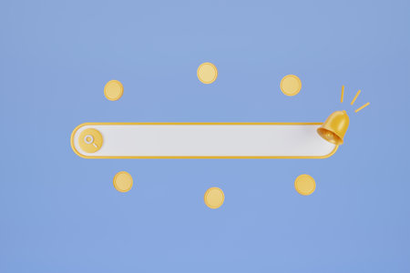 3D search bar, bell, coin. Search bar template for website. Navigation search for browser. Browser button for website and UI design. Pastel soft colors yellow, blue background. 3d rendering.の写真素材