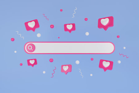 Blank web search bar and pink heart on blue background. Search bar template for website. Browser button for website and UI design. Online like and social media concept. 3d rendering.の写真素材