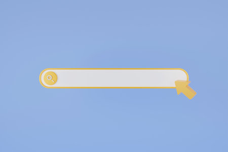 3D search bar, arrow, cursor. Search bar template for website. Navigation search for browser. Browser button for website design. web search concept. Pastel soft colors yellow blue background. 3d rendering.の写真素材