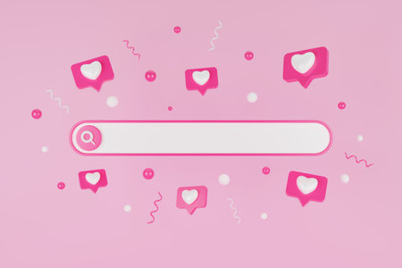 Blank web search bar and pink heart on pink background. Search bar template for website. Browser button for website and UI design. Online like and social media concept. 3d rendering.の写真素材