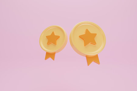 Gold coins with star icon. Winner 3 places medals with ribbon. Medal for achievement, development reward, isolated cartoon trophy, labels experience level up. 3d rendering.の写真素材