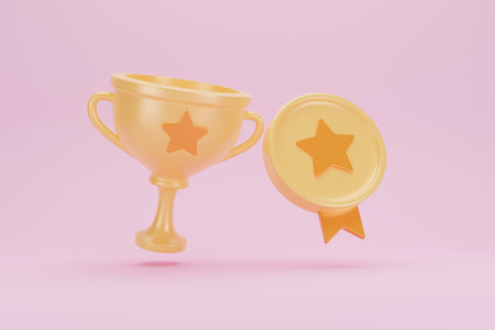 Golden trophy prize cup over pastel background. Winner cup leader icon. Victory success concept. Medal for achievement, development reward, labels experience level up. 3d rendering.の写真素材