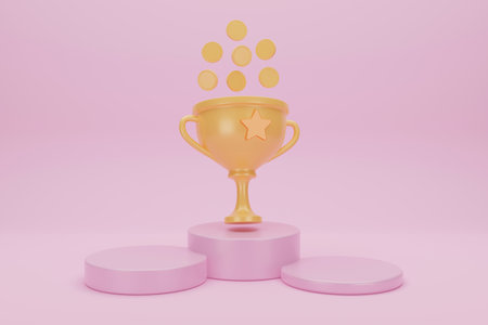 Winners with prize golden cup, money coinon pink background. award ceremony. Victory success concept. 3d rendering.の写真素材