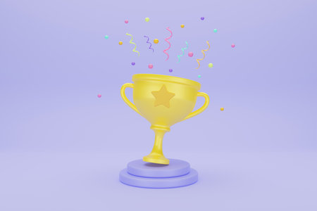 Winners with prize golden cup with Confetti on blue background. award ceremony. Victory success concept. 3d rendering.の写真素材
