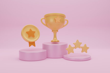 Winners on podium with golden cup, Gold coins for second, and gold stars for third, place winning prizes on ceremony pedestal. Victory success concept. 3d rendering.の写真素材