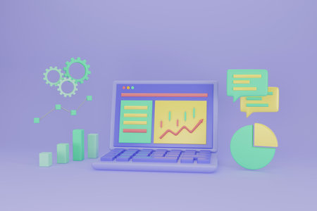 SEO optimization with rocket for marketing social media concept. Interface for web analytics strategy and research planning in laptop. Web analytics and seo marketing social media concept. 3d renderingの写真素材