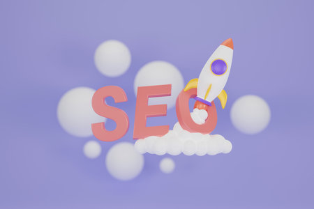 SEO optimization with rocket for marketing social media concept. Interface for web analytics strategy and research planning. Web analytics and seo marketing social media concept. 3d renderingの写真素材