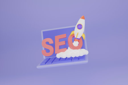 SEO optimization with rocket for marketing social media concept. Interface for web analytics strategy and research planning in laptop. Web analytics and seo marketing social media concept. 3d renderingの写真素材
