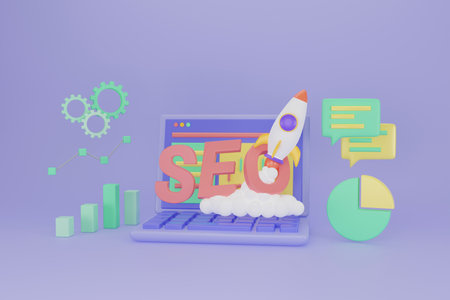 SEO optimization with rocket for marketing social media concept. Interface for web analytics strategy and research planning in laptop. Web analytics and seo marketing social media concept. 3d renderingの写真素材