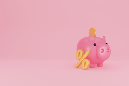 Piggy bank and golden coin with gold percentage sign on pink background. financial planning for the future. Keep and accumulate cash savings. Banking, finance, economy, investment. 3D rendering.の写真素材