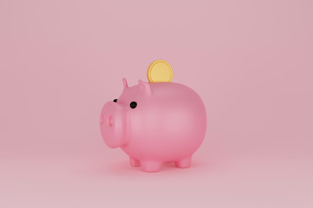 Piggy bank and golden coin on pink background. financial planning for the future. Keep and accumulate cash savings. Banking, finance, economy, investment. 3D rendering.の写真素材