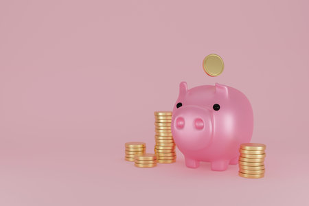 Piggy bank and golden coin on pink background. financial planning for the future. Keep and accumulate cash savings. Banking, finance, economy, investment. 3D rendering.の写真素材
