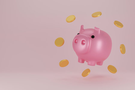 Piggy bank and golden coin on pink background. financial planning for the future. Keep and accumulate cash savings. Banking, finance, economy, investment. 3D rendering.の写真素材