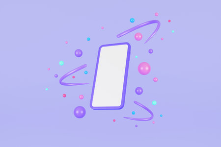 Phone with random floating spheres, minimal smartphone mockup. 3D Renderingの写真素材