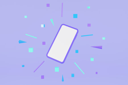 Phone with random floating geometric figures, minimal smartphone mockup. 3D Renderingの写真素材