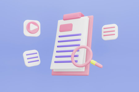research document concept. Searching image and video files in database. Document management soft, document flow app, compound docs concept. Electronic database of files. 3d rendering.の写真素材