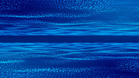 Futuristic point wave. Cyber big data flow. Blockchain data fields. network line connect stream. Big data technology. Concept of AI technology, digital communication. 3d renderingの写真素材