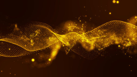 Futuristic point wave. Cyber big data flow. Blockchain data fields. network line connect stream. Big data technology. Concept of AI technology, digital communication. 3d renderingの写真素材