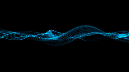 Futuristic point wave. Cyber big data flow. Blockchain data fields. network line connect stream. Big data technology. Concept of AI technology, digital communication. 3d renderingの写真素材