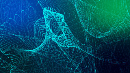 Futuristic point wave. Cyber big data flow. Blockchain data fields. network line connect stream. Big data technology. Concept of AI technology, digital communication. 3d renderingの写真素材