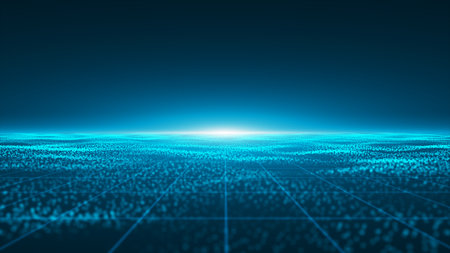 Futuristic point wave. Cyber big data flow. Blockchain data fields. network line connect stream. Big data technology. Concept of AI technology, digital communication. 3d renderingの写真素材