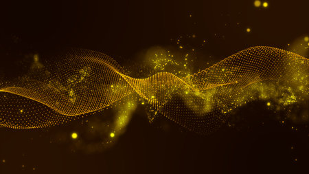 Futuristic point wave. Cyber big data flow. Blockchain data fields. network line connect stream. Big data technology. Concept of AI technology, digital communication. 3d renderingの写真素材