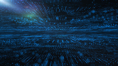Futuristic point wave. Cyber big data flow. Blockchain data fields. network line connect stream. Big data technology. Concept of AI technology, digital communication. 3d renderingの写真素材