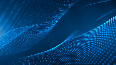 Futuristic point wave. Cyber big data flow. Blockchain data fields. network line connect stream. Big data technology. Concept of AI technology, digital communication. 3d renderingの写真素材