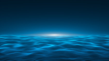 Futuristic point wave. Cyber big data flow. Blockchain data fields. network line connect stream. Big data technology. Concept of AI technology, digital communication. 3d renderingの写真素材