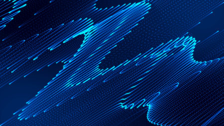 Futuristic point wave. Cyber big data flow. Blockchain data fields. network line connect stream. Big data technology. Concept of AI technology, digital communication. 3d renderingの写真素材