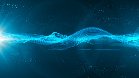 Futuristic point wave. Cyber big data flow. Blockchain data fields. network line connect stream. Big data technology. Concept of AI technology, digital communication. 3d renderingの写真素材