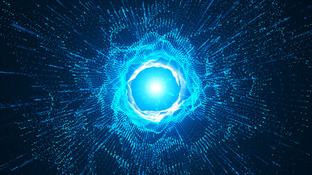 Futuristic point wave. Cyber big data flow. Blockchain data fields. network line connect stream. Big data technology. Concept of AI technology, digital communication. 3d renderingの写真素材