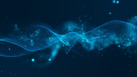 Futuristic point wave. Cyber big data flow. Blockchain data fields. network line connect stream. Big data technology. Concept of AI technology, digital communication. 3d renderingの写真素材