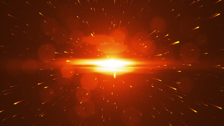 Abstract Orange Particles on Black Background and optical flares. Orange glowing light glitter background effect. Magic glow sparkling texture. 3d renderingの写真素材