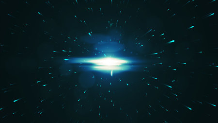 Abstract Blue Particles on Black Background and optical flares blue. Blue glowing light glitter background effect. Magic glow sparkling texture. 3d renderingの写真素材