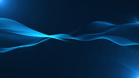 Futuristic point wave. Cyber big data flow. Blockchain data fields. network line connect stream. Big data technology. Concept of AI technology, digital communication. 3d renderingの写真素材
