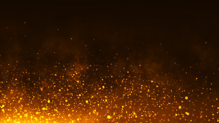 Abstract Orange Particles on Black Background and optical flares. Orange glowing light glitter background effect. Magic glow sparkling texture. 3d renderingの写真素材