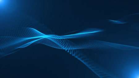 Futuristic point wave. Cyber big data flow. Blockchain data fields. network line connect stream. Big data technology. Concept of AI technology, digital communication. 3d renderingの写真素材