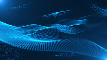 Futuristic point wave. Cyber big data flow. Blockchain data fields. network line connect stream. Big data technology. Concept of AI technology, digital communication. 3d renderingの写真素材
