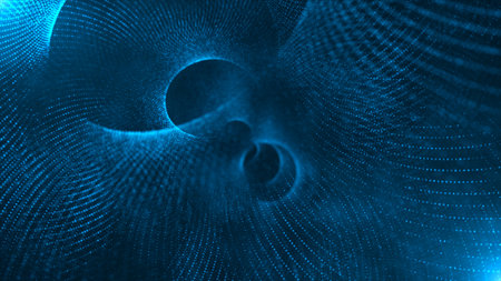 Futuristic point wave. Cyber big data flow. Blockchain data fields. network line connect stream. Big data technology. Concept of AI technology, digital communication. 3d renderingの写真素材