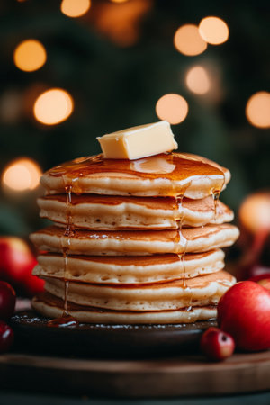 A stack of pancakes topped with butter and syrup, served with a cup of coffee, perfect for breakfast.の素材