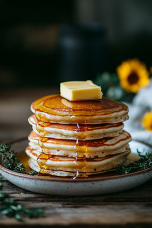 A stack of pancakes topped with butter and syrup, served with a cup of coffee, perfect for breakfast.の素材