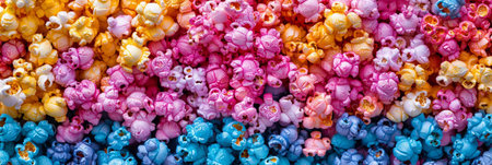 Rainbow popcorn, showcasing different flavors and textures. Ready for movie night or a snack. Perfect for snacking.の素材