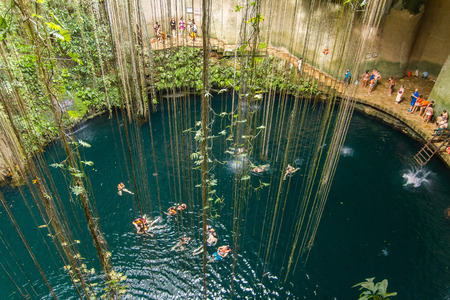 Ik-Kil Cenote near Chichen Itza, Mexico. Lovely cenote with transparent waters and hanging rootsの素材 [FY31098554811]