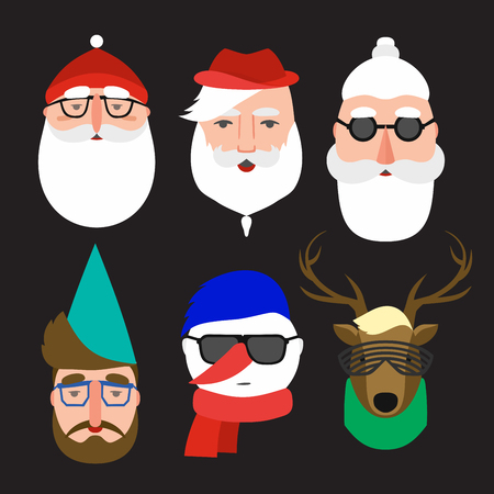Set of christmas characters. Three variants of Santa Claus, snowman, gnome and deer. Set Modern Xmas.のイラスト素材