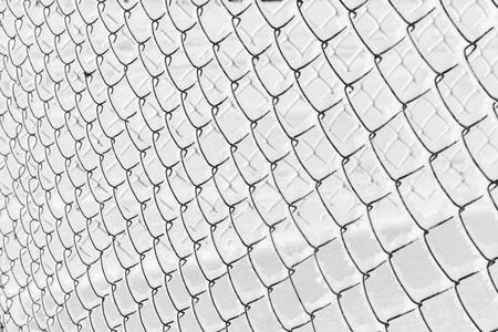 Winter hoarfrost on mesh. Net covered with snow, ice crystals. Close up of grid covered with thick...