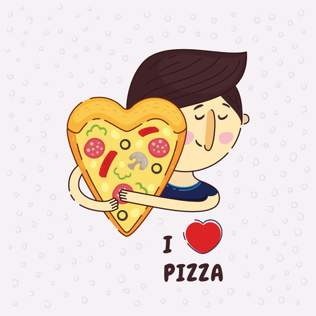 Heart shaped pizza vector illustration. A man passionately lovingly embraces pizza. Phrase I love pizza. Love to pizza. Icon logo design element. True love.Pizza lover.のイラスト素材